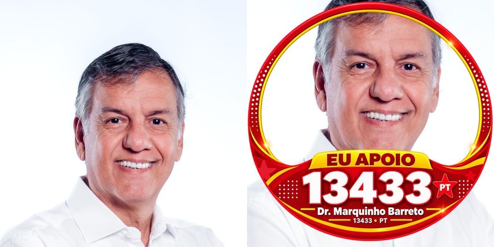 À esquerda, uma foto de retrato comum. À direita, a mesma foto com a moldura vermelha de apoio e o número 13433.