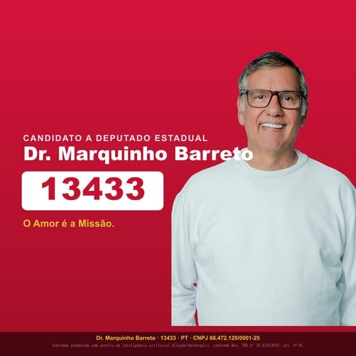 Card quadrado vermelho com a foto de Dr. Marquinho Barreto, o nome dele e o número 13433 em destaque.