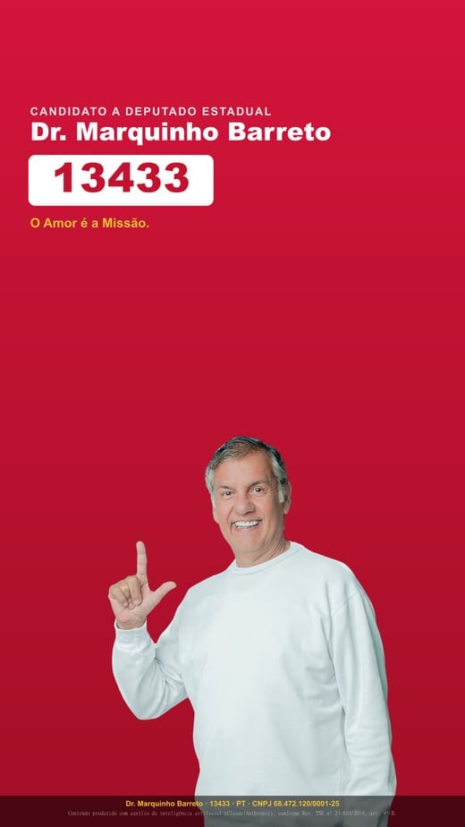 Imagem vertical vermelha com a foto de Dr. Marquinho Barreto fazendo o gesto da letra L e o número 13433.