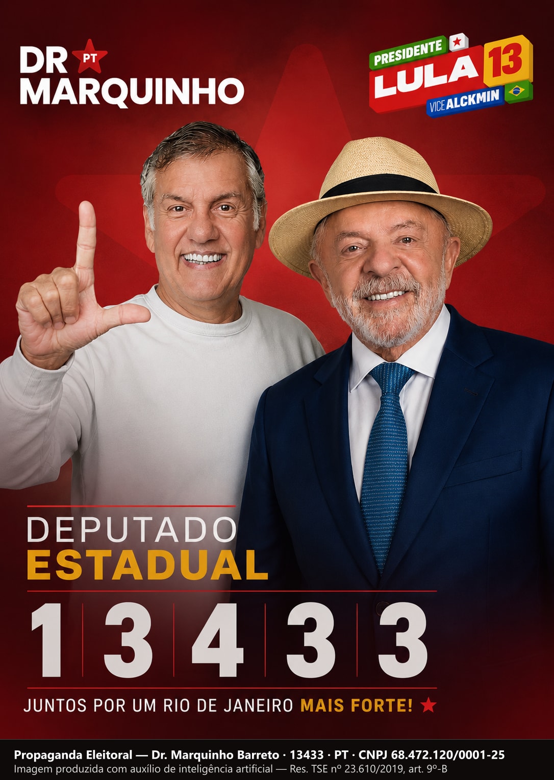 Santinho com Dr. Marquinho Barreto e o presidente Lula lado a lado, e a frase Juntos por um Rio de Janeiro mais forte, com o número 13433.