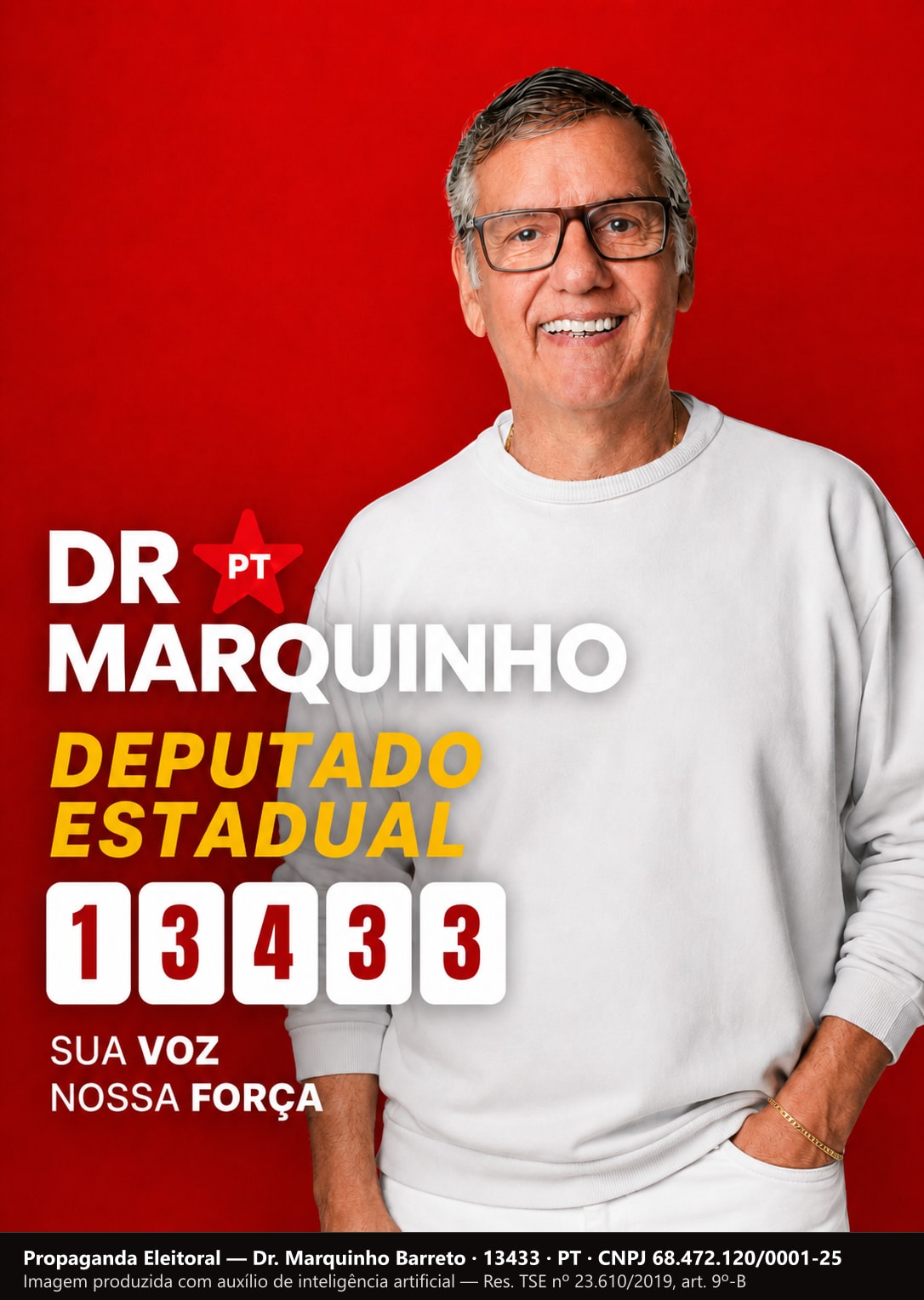 Santinho vermelho com Dr. Marquinho Barreto de blusa clara, o cargo de Deputado Estadual e o número 13433.