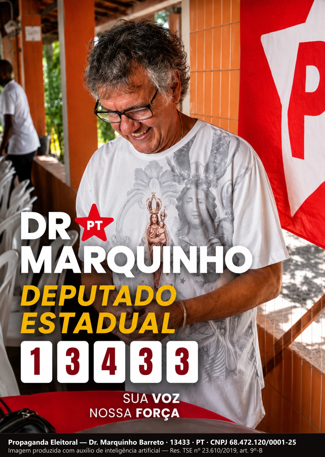 Santinho com Dr. Marquinho Barreto de camiseta, olhando para baixo com um sorriso, diante de uma bandeira do PT.