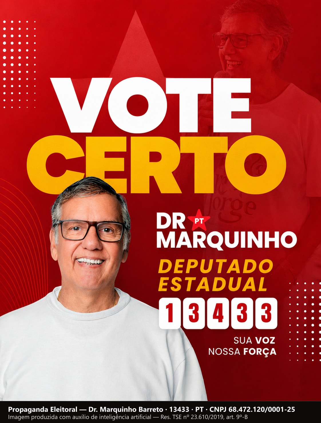 Santinho com a frase Vote Certo em letras grandes e o retrato de Dr. Marquinho Barreto, com o número 13433.