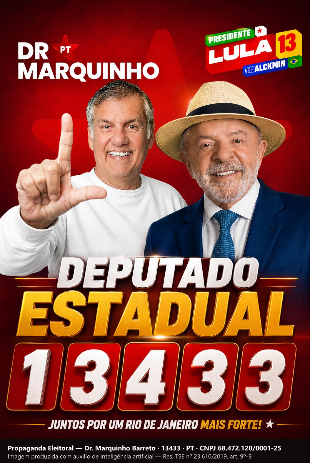 Santinho com Dr. Marquinho Barreto e o presidente Lula, com o cargo de Deputado Estadual em letras douradas e o número 13433 grande.