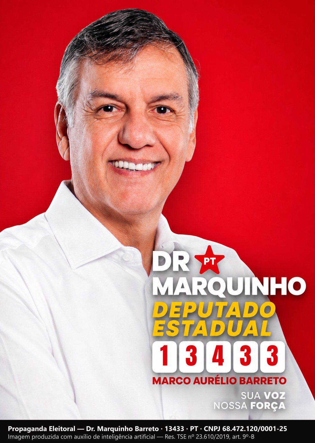 Santinho com Dr. Marquinho Barreto de camisa branca sorrindo, em fundo vermelho, com o cargo de Deputado Estadual e o número 13433.