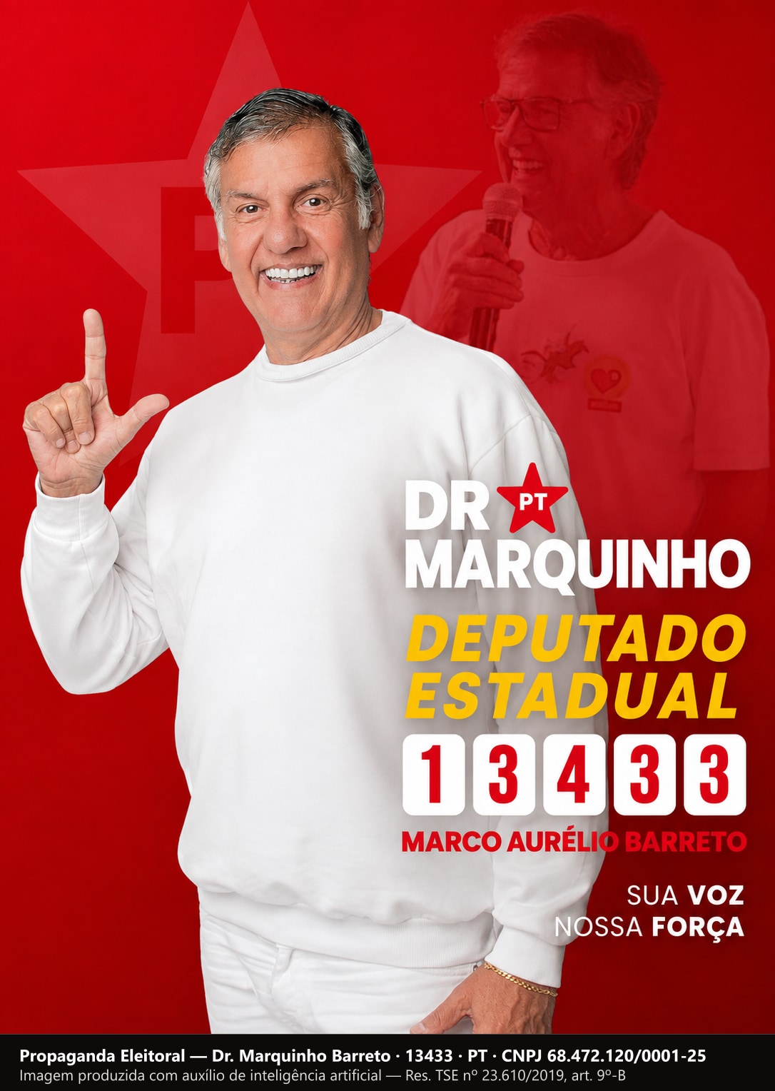 Santinho com Dr. Marquinho Barreto de moletom branco, mão erguida fazendo o gesto da letra L, com o número 13433.