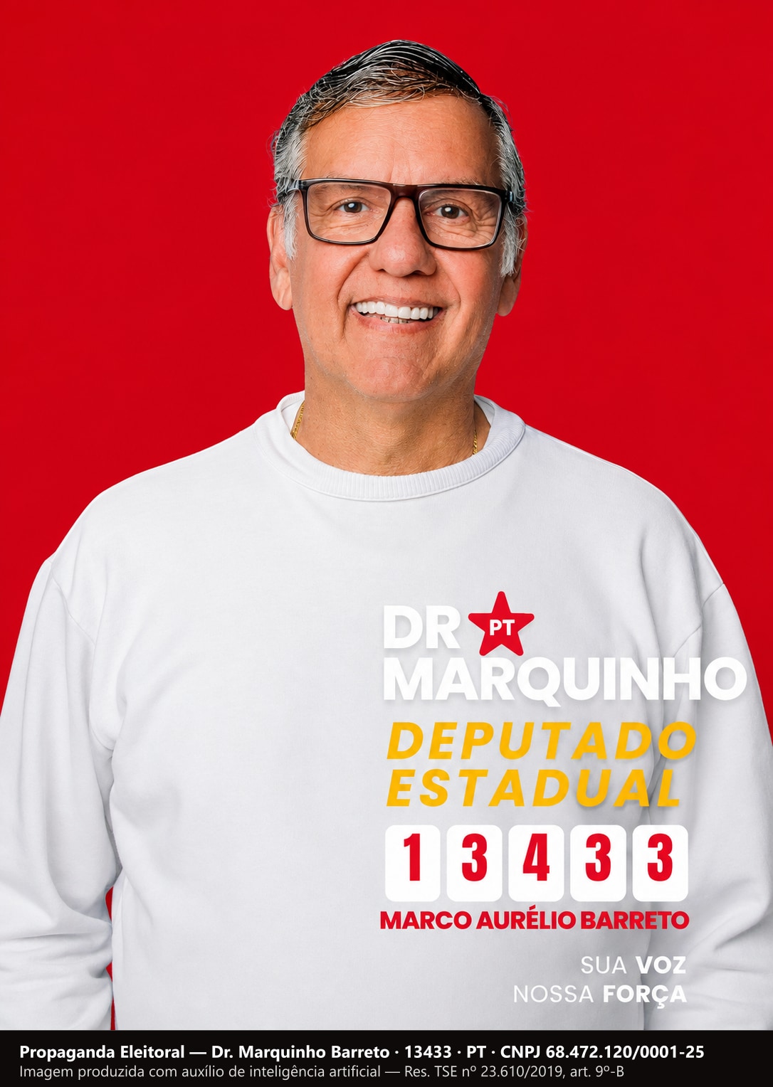 Santinho com Dr. Marquinho Barreto de óculos e moletom branco, sorrindo de frente para a câmera, com o número 13433.