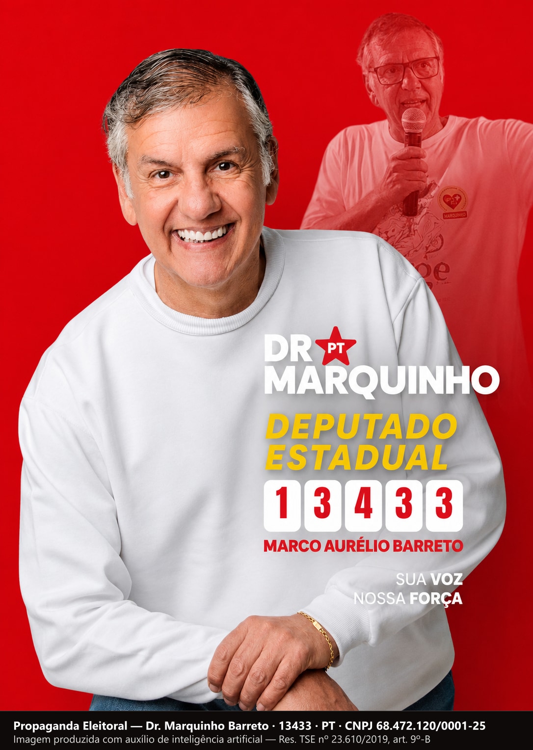 Santinho com Dr. Marquinho Barreto sentado, de moletom branco, sorrindo, com o número 13433.