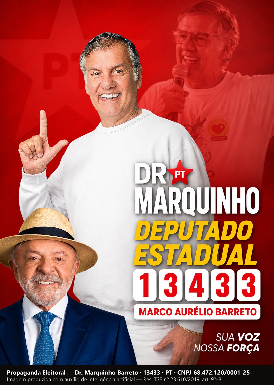 Santinho com Dr. Marquinho Barreto de moletom branco e, no canto inferior, a imagem do presidente Lula de chapéu e terno azul, com o número 13433.